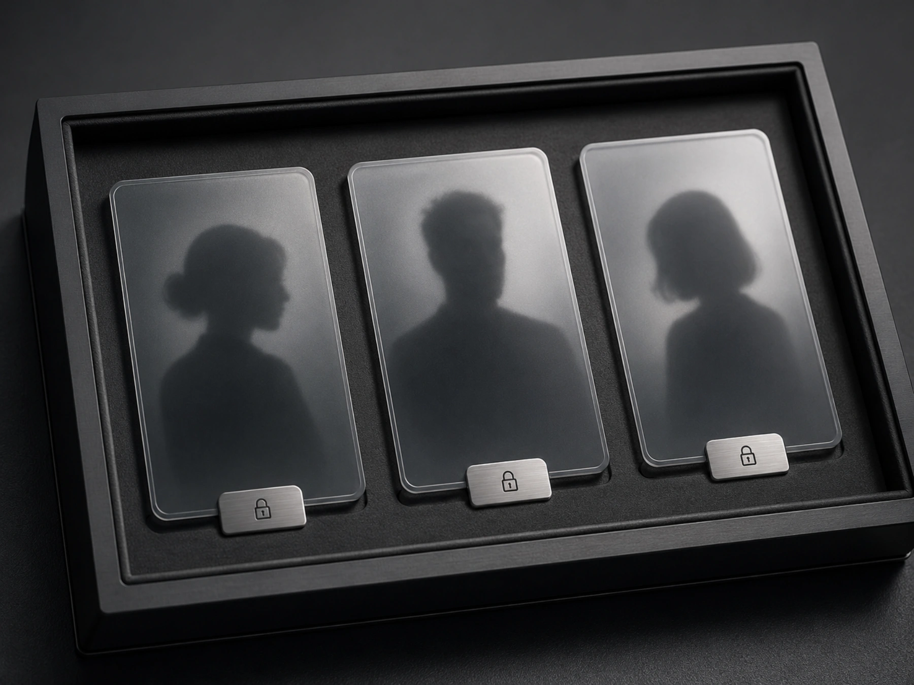 Three frosted private-evidence cards with anonymous silhouettes and lock symbols