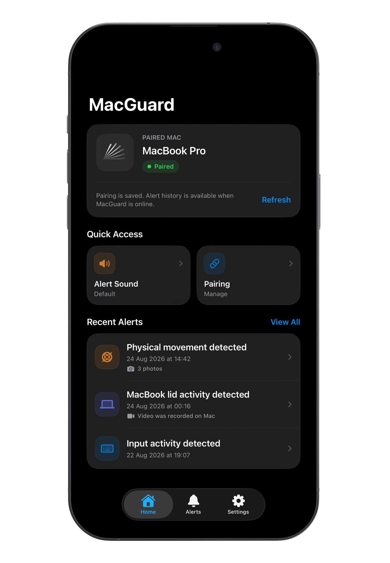 MacGuard Home screen shown inside an iPhone frame with a paired Mac, quick access controls, and staged recent alerts