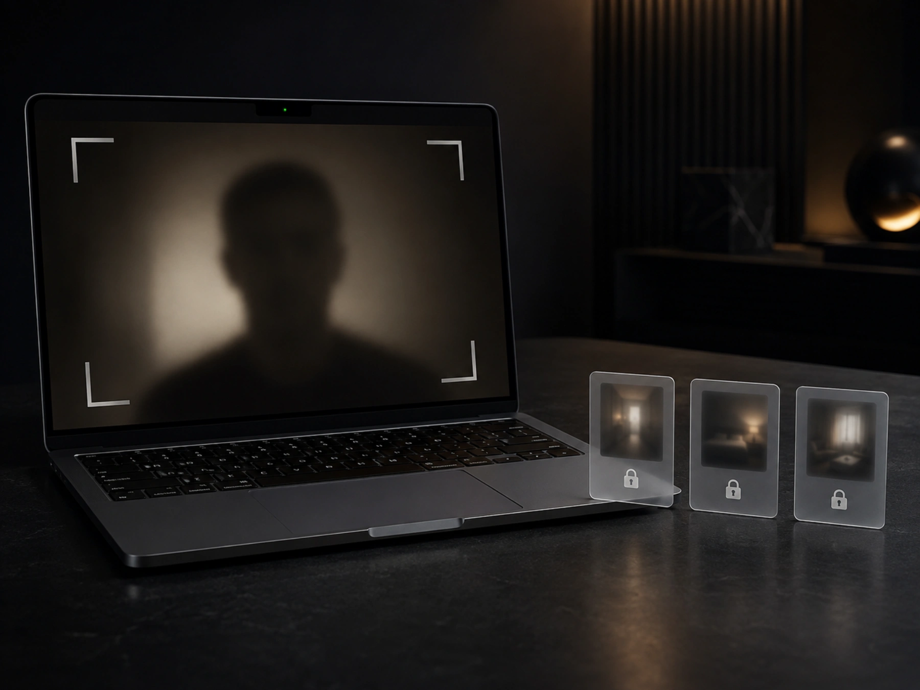 A MacBook detecting anonymous face presence locally beside three locked evidence-photo cards